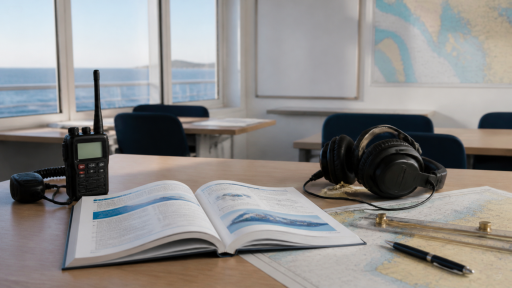 Marine VHF training materials, radio and navigation chart in a maritime classroom