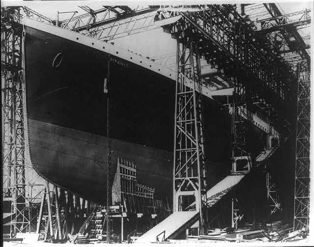 RMS Titanic under construction at the Harland and Wolff shipyard