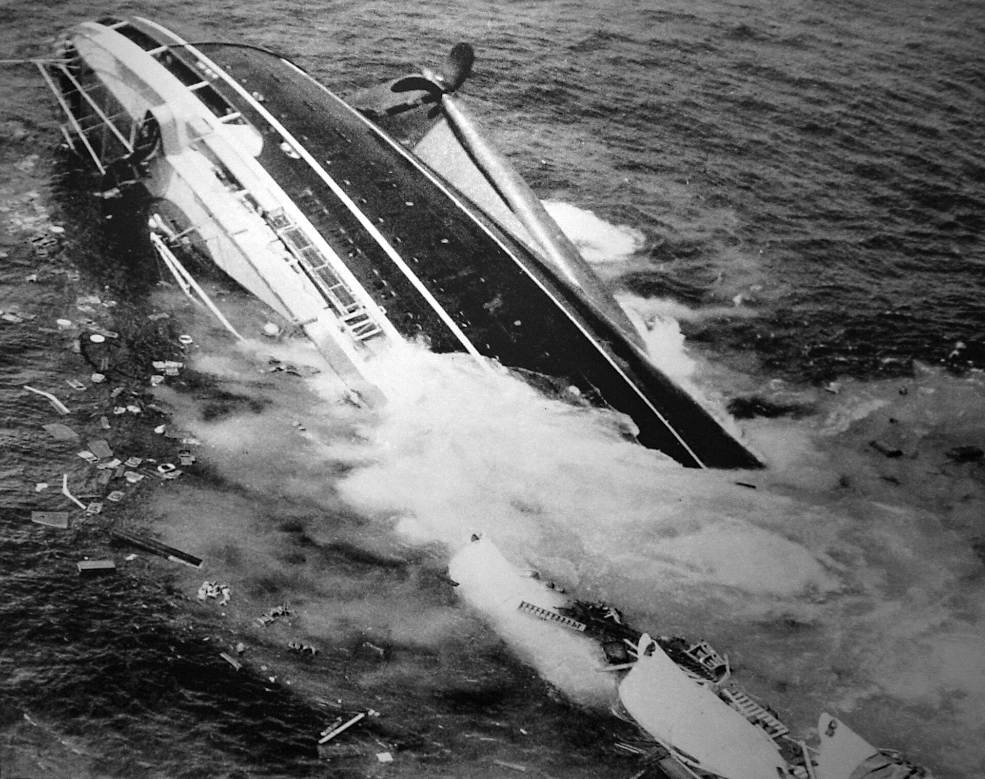 Andrea Doria listing heavily before sinking off Nantucket in July 1956