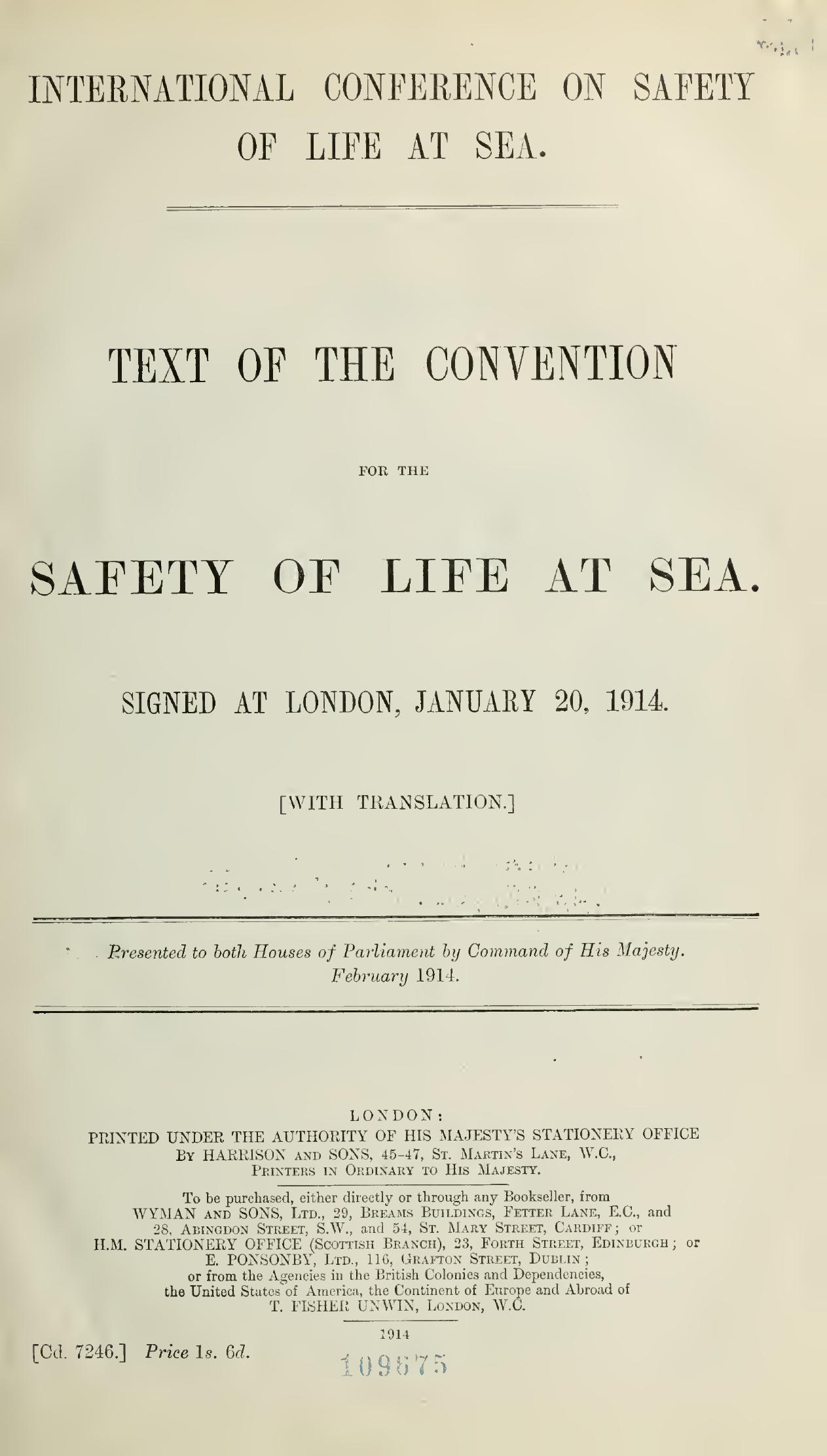 Title page of the 1914 International Convention for the Safety of Life at Sea