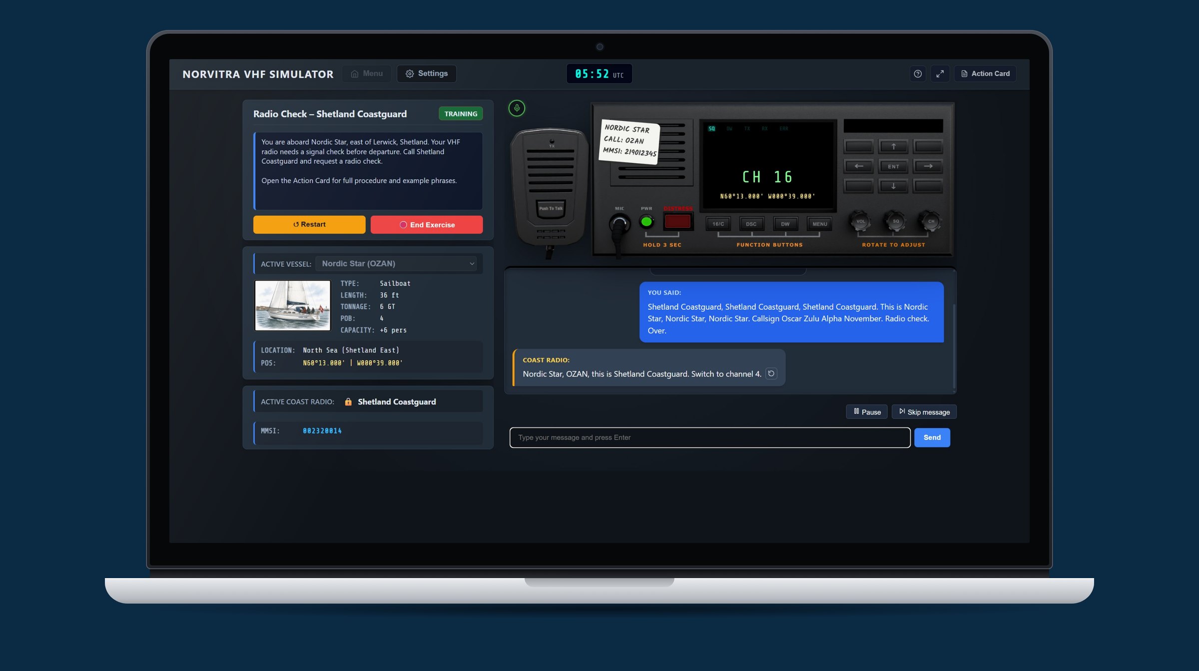 The Norvitra VHF Simulator running on a laptop, with a radio check exercise, VHF radio and conversation with the coast station