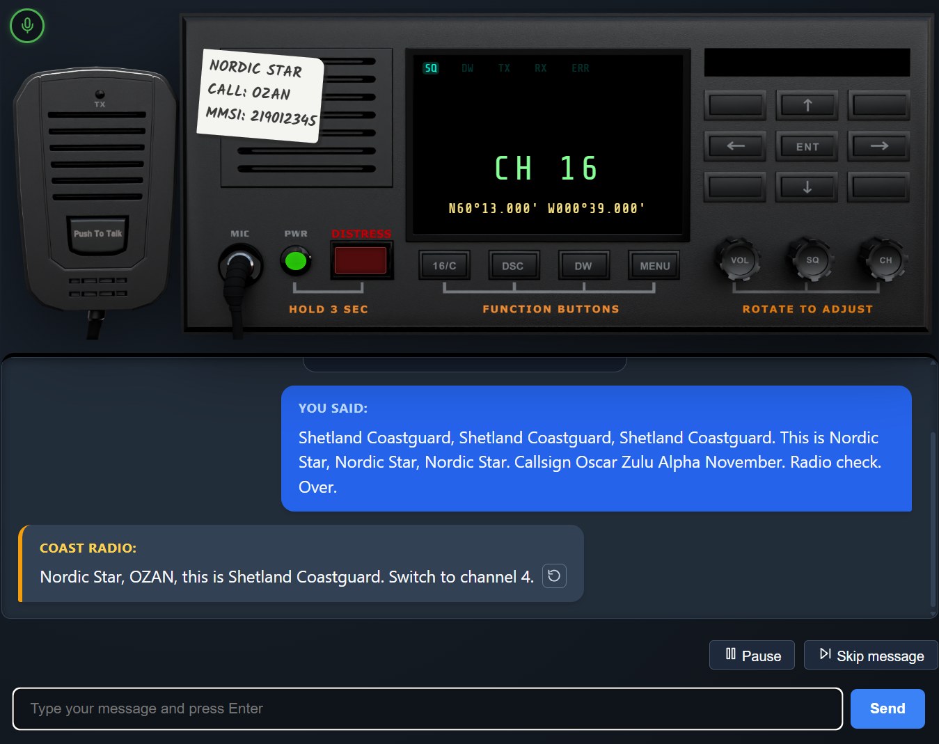 NorVitra VHF Simulator radio panel with a radio check conversation