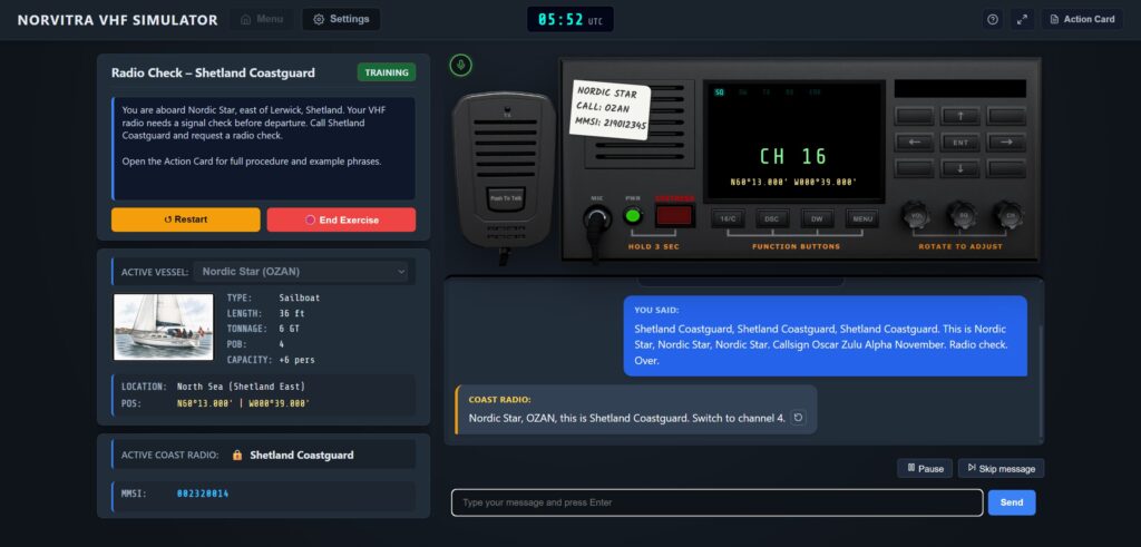 NorVitra VHF Simulator in a browser: radio panel and a live radio check with Shetland Coastguard